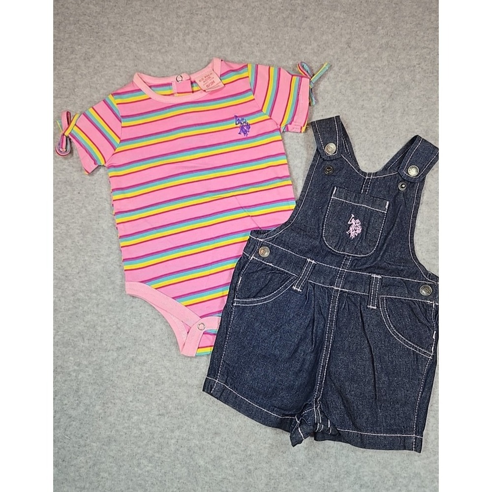 U.S. Polo Baby Girl 2 pc Set Size 0-3 mo Denim‎ Blue Jean Overall & Shirt Outfit